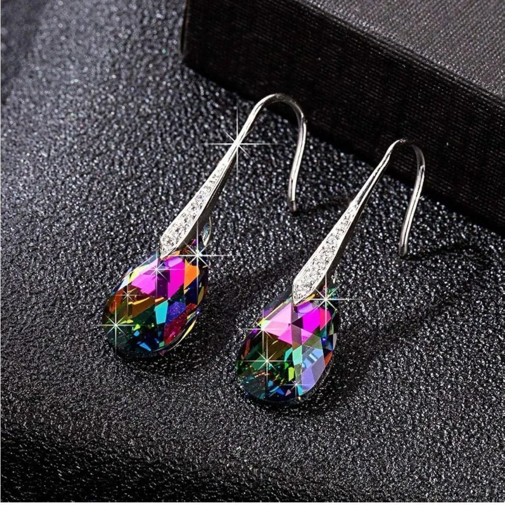 14K White Gold with Vitrail Medium Austrian Crystal Teardrop Drop Hook Earrings